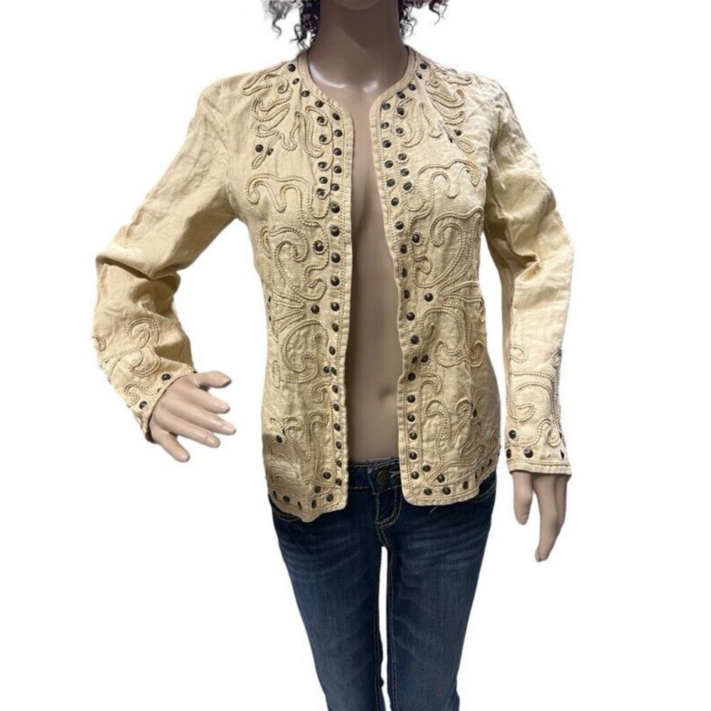 Linda Allard Ellen Tracy Studded Embroidered Open Front Blazer Jacket Petite 2